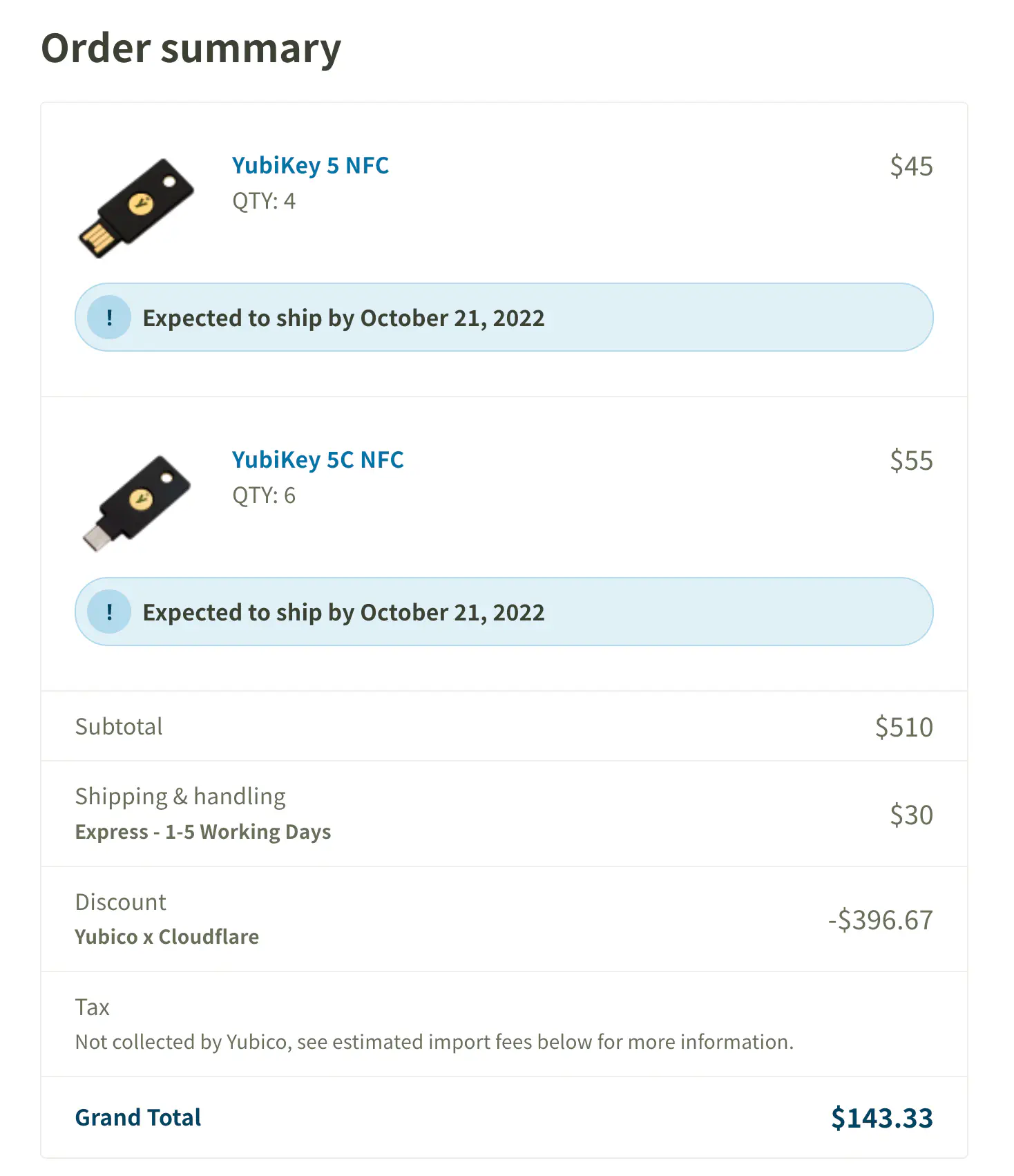 4 * Yubikey 5 NFC + 6 * Yubikey 5C NFC 购买订单