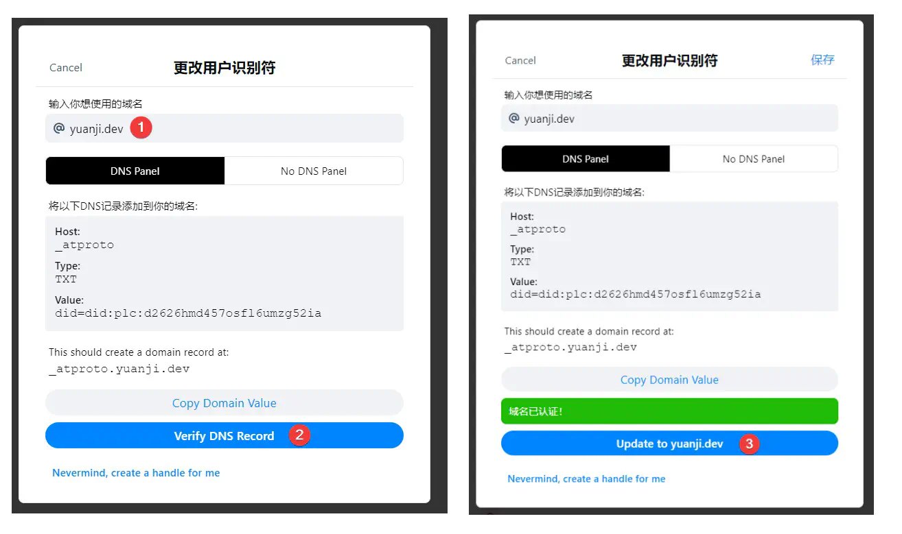 验证 DNS 记录 -> 更新用户识别符