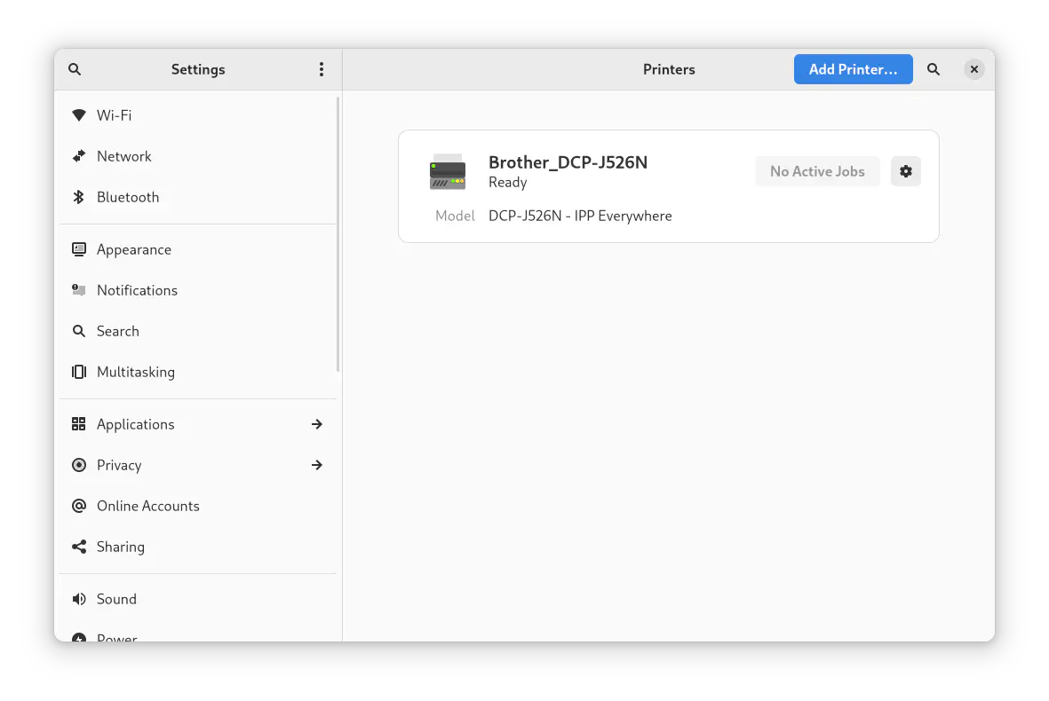 最后在 GNOME 设置界面里看到打印机成功添加