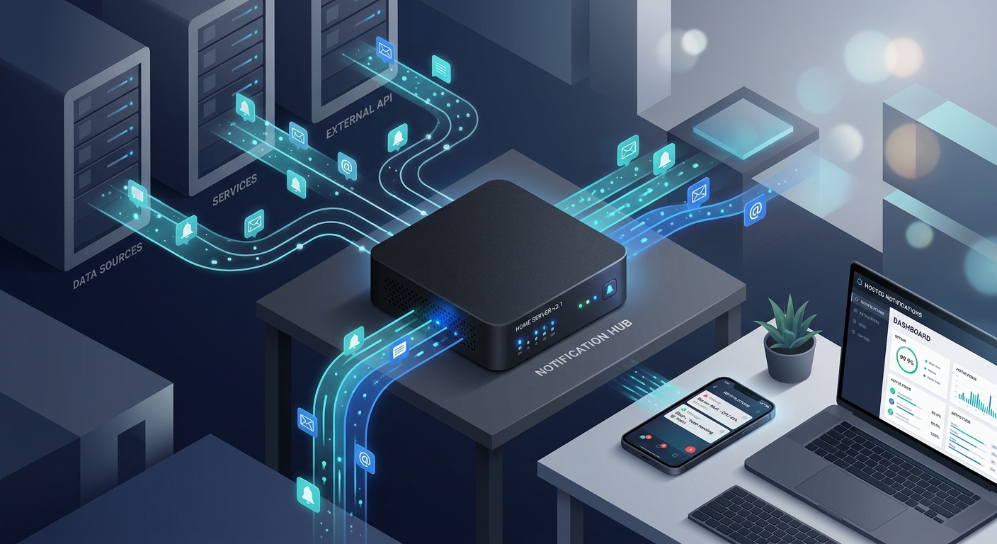 A high-tech, minimalist isometric illustration of a self-hosted digital notification ecosystem. In the center, a sleek, matte-black mini-server glows with soft blue LED indicators. Translucent streams of data, represented by glowing cyan lines and floating minimalist icons of bells and message bubbles, flow from background abstract server modules into the central unit. These streams then emerge as organized pulses of light directed toward a modern smartphone and a laptop screen displaying a clean, abstract management dashboard. The atmosphere is professional and sophisticated, with a color palette of deep navy, electric blue, and charcoal grey. Cinematic lighting with a soft bokeh effect emphasizes the flow of digital information in a clean, organized workspace.