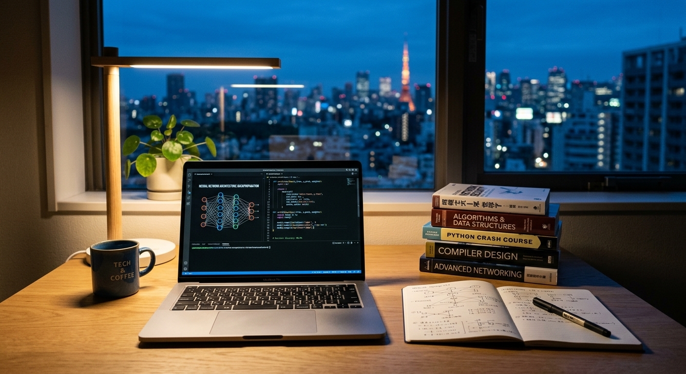 夜晚的办公桌上放着显示代码的笔记本电脑、一叠计算机书籍和笔记，窗外是东京塔的城市夜景。
